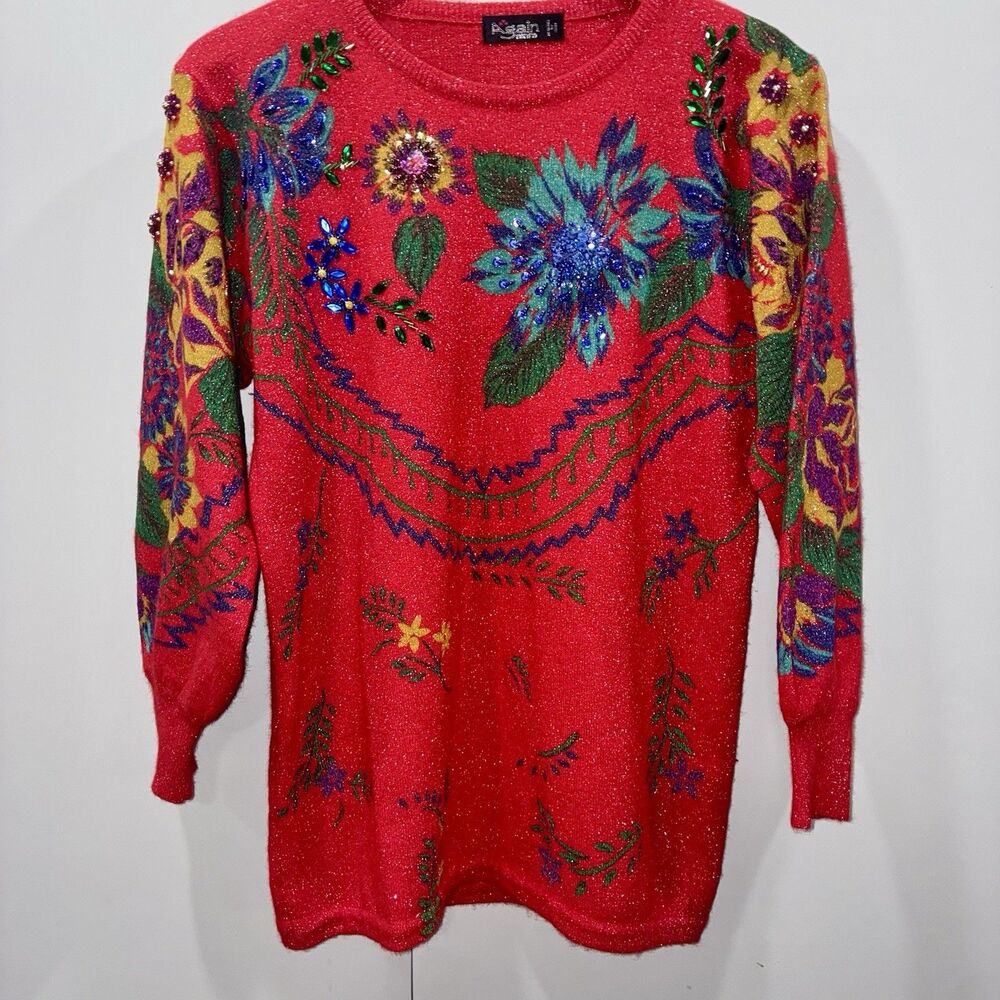 Vintage Italian Angora Kid Mohair Metallic Painterly Floral Beaded Sweater Red M